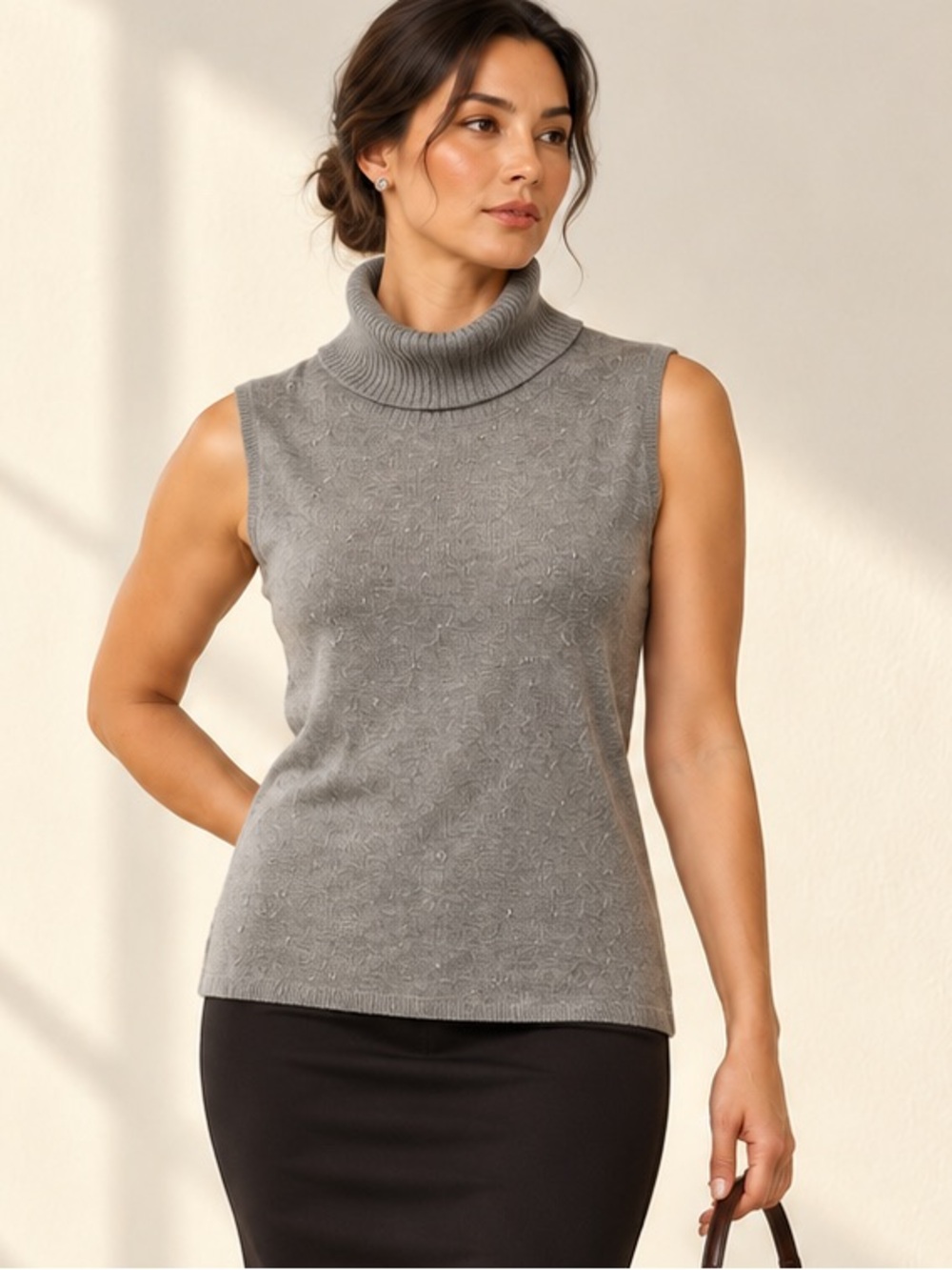 Colour Works Silk Cashmere Sleeveless Gray Turtleneck Textured Knit Sz L